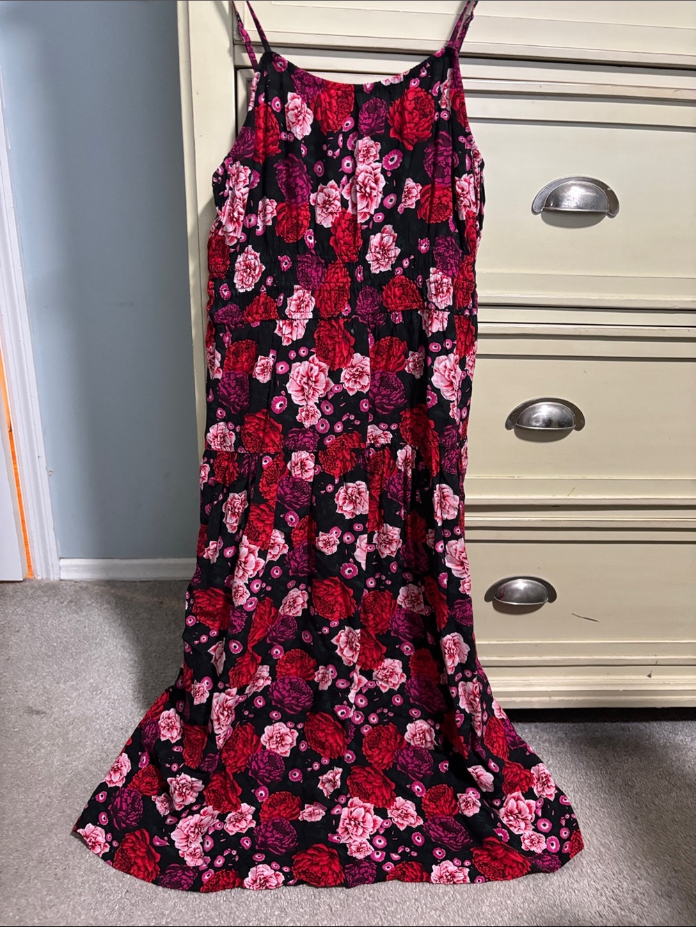 Old Navy Black Midi Dress with Pink & Red Floral Pattern